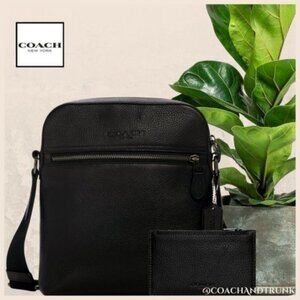 COACH 2PC Leather Houston Flight Bag Black Gunmetal & Zip Card Case NWT